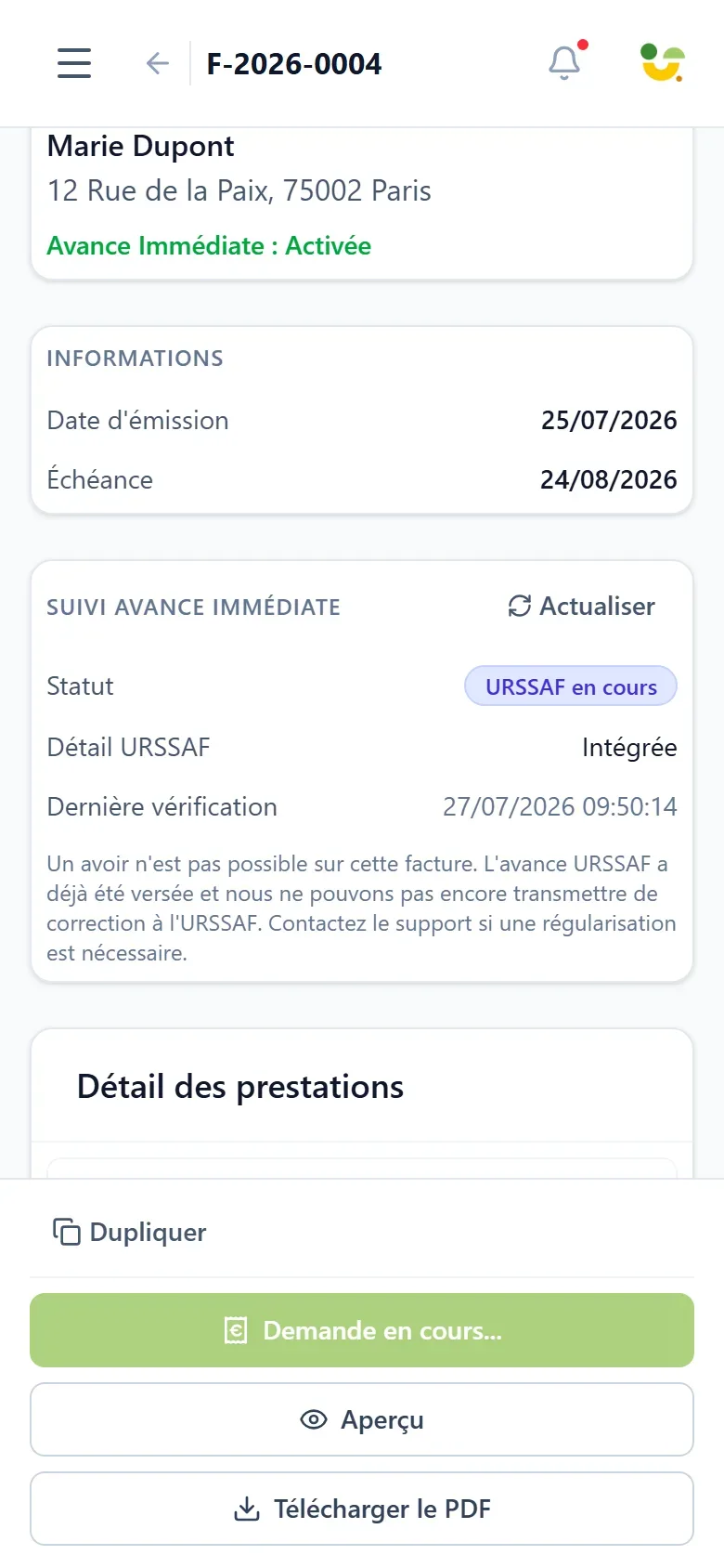 capture de l'écran de suivi indiquant le statut de la demande de paiement URSSAF et la date du virement.