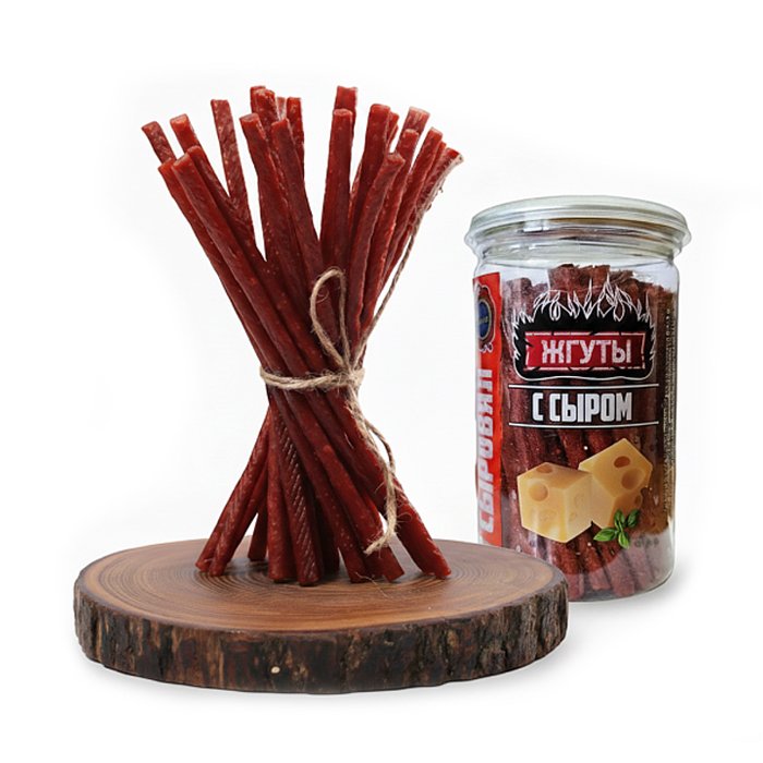 Жгуты "С сыром " колбаски с/к из мяса птицы 150г (банка)