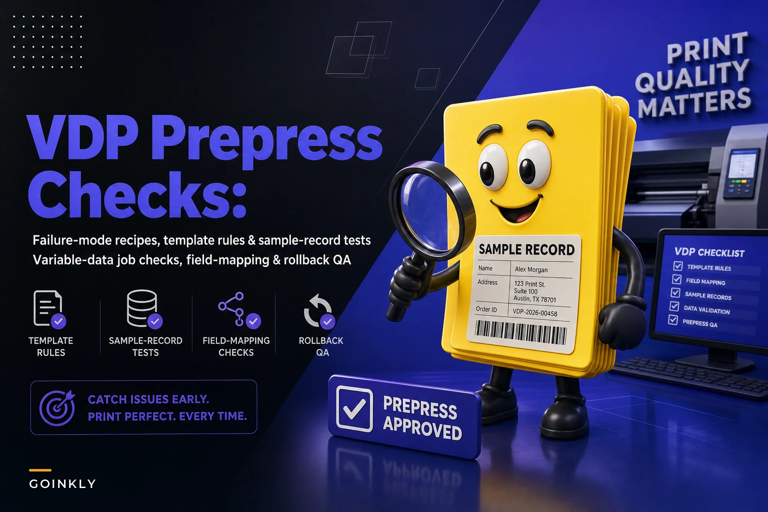 Automate VDP prepress checks: failure-mode recipes and sample-record validation for variable-data jobs