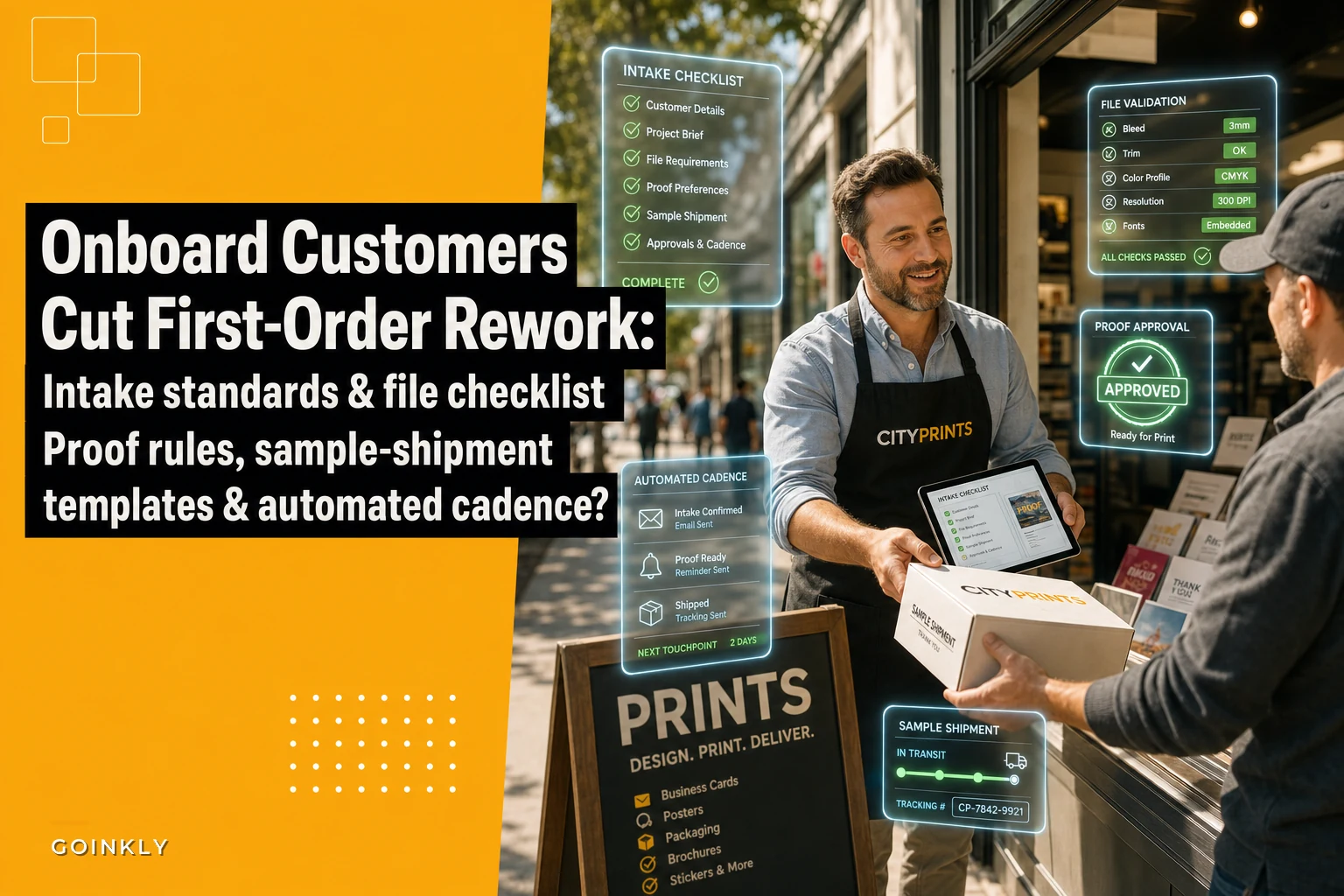 Onboard customers to cut first-order rework: intake standards, proof rules and sample-shipment templates
