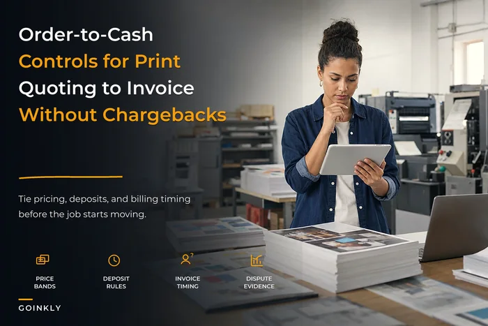 Order-to-cash controls for print shops: quoting, deposits and invoice rules that stop chargebacks
