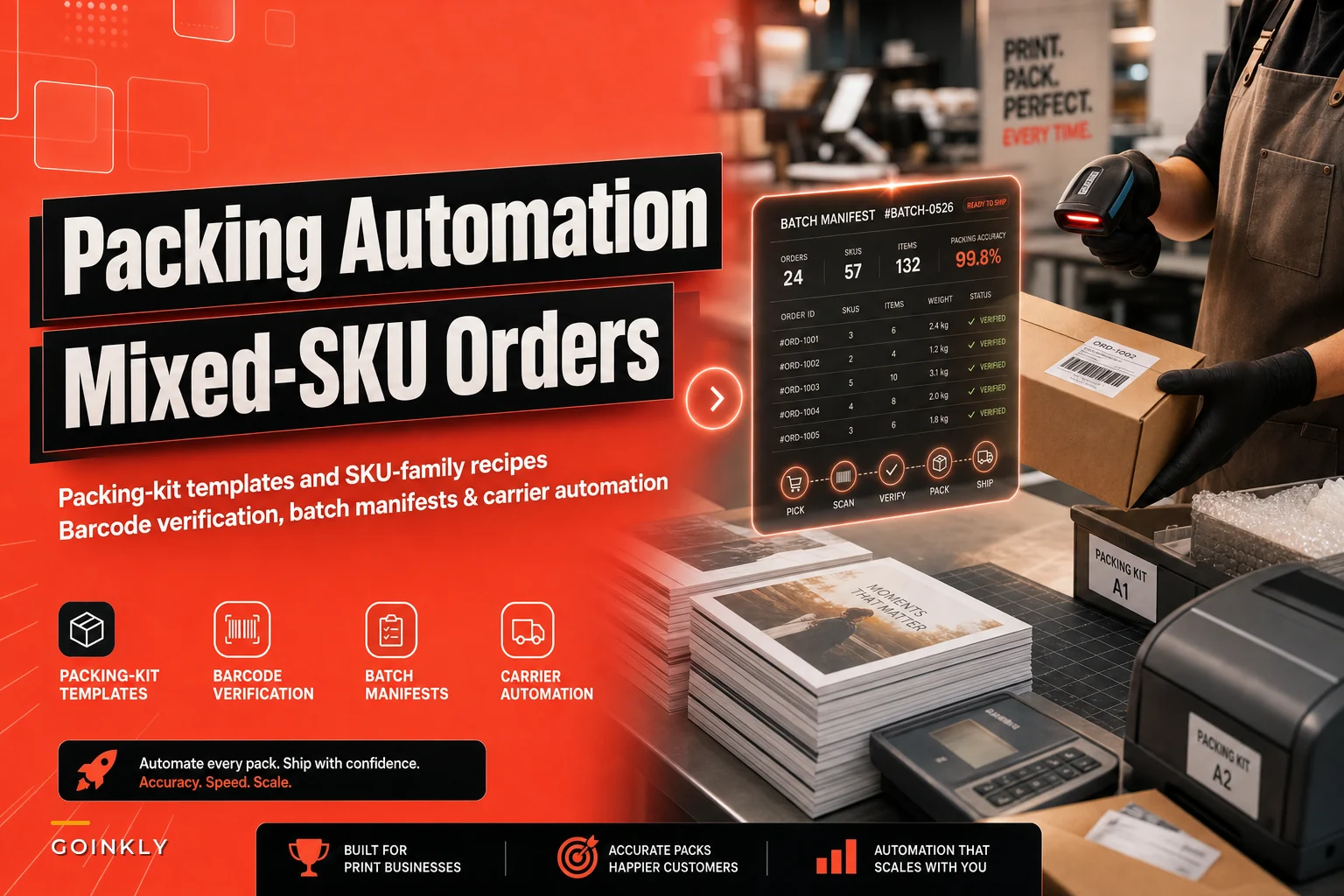 Packing and shipping automation for mixed-SKU print orders: packing-kit templates, barcode verification and batch manifests