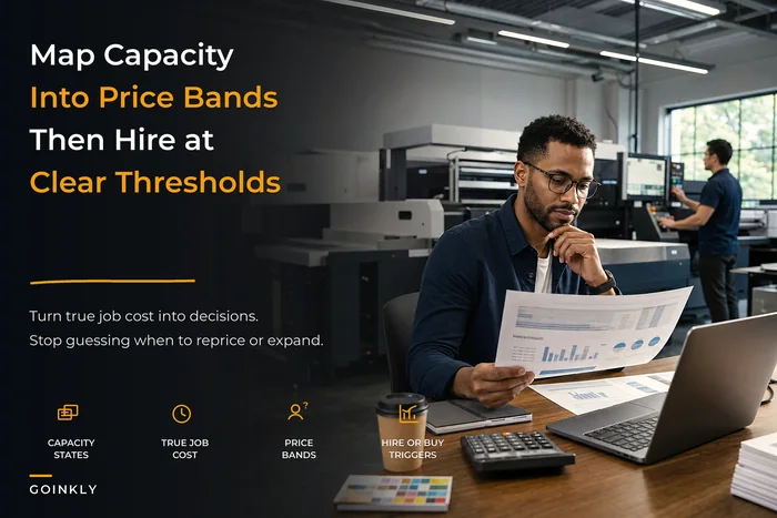 Profitability architecture for print shops: map capacity and true job cost into price bands and hire triggers