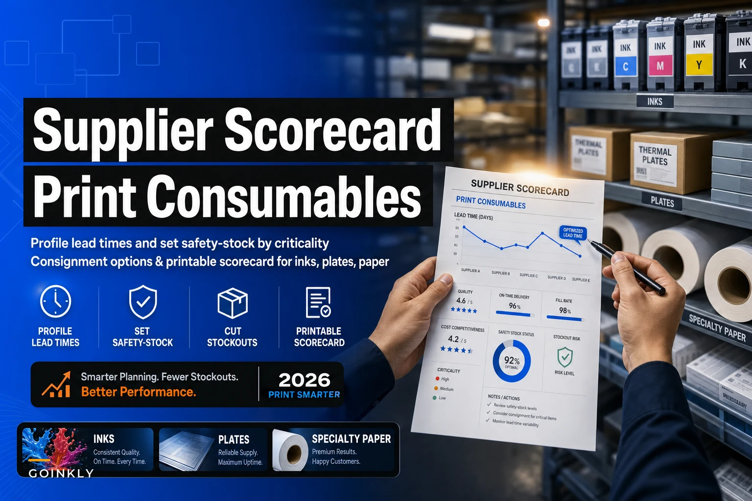 Supplier scorecard for print consumables: profile lead times, set safety stock and cut stockouts for inks, plates and specialty paper
