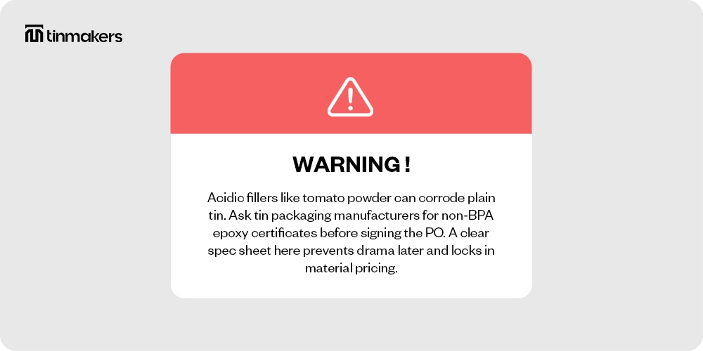 Acidic fillers like tomato powder can corrode plain tin.