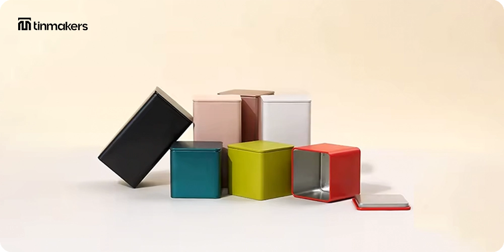 Colorful artwork on tin boxes