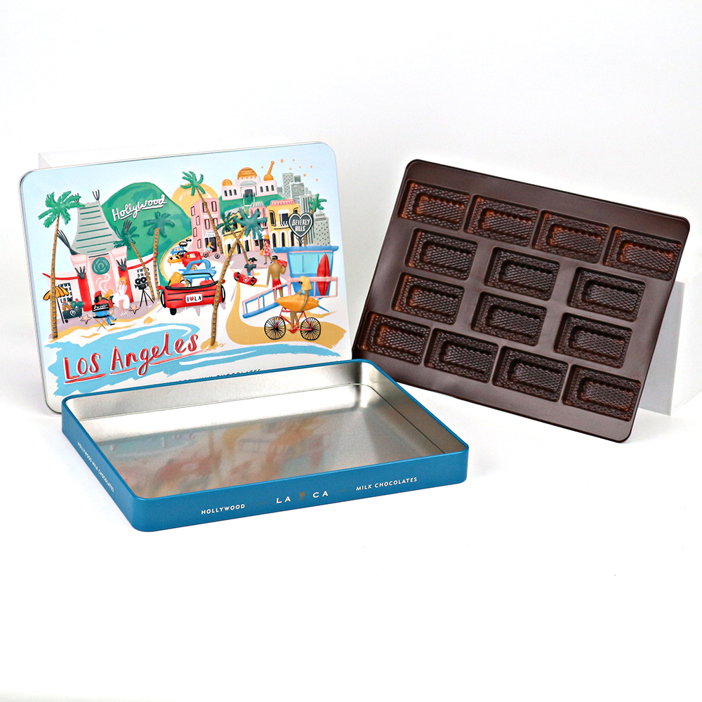 Open chocolate rectangular tin box showing interior