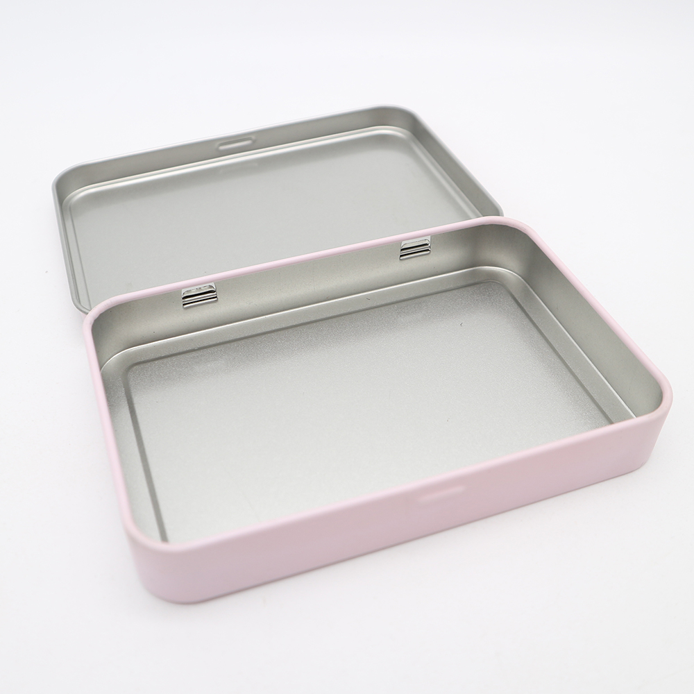 Front view of a custom rectangular cosmetic tin box with a hinged lid, showcasing its sleek design.
