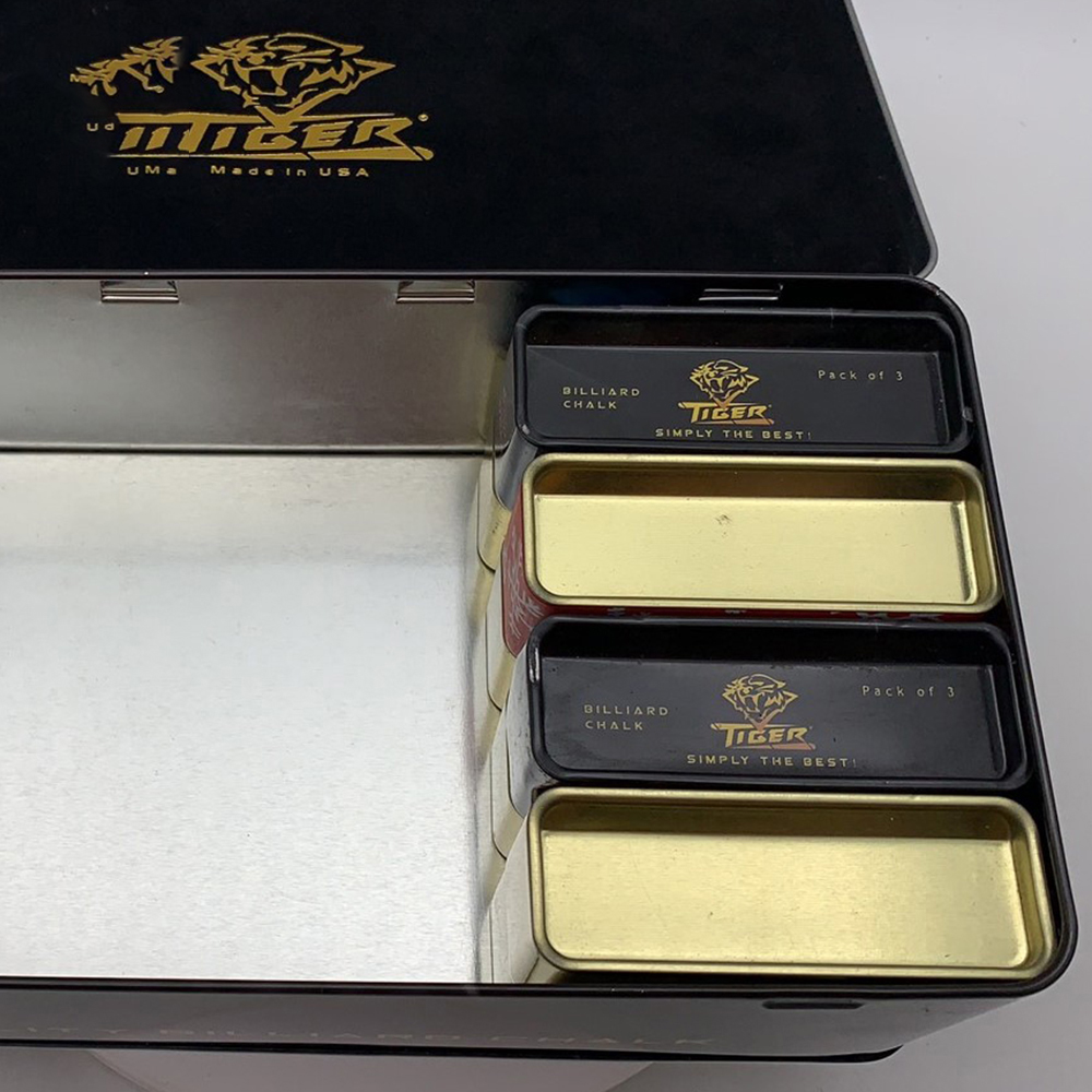 Elegant rectangular gift tin box for billiard chalk set.