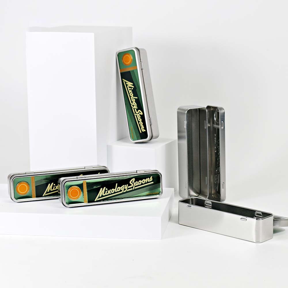 Custom rectangular metal spoon tin box with hinged lid, durable design for storing spoons, utensils, or small items in style.