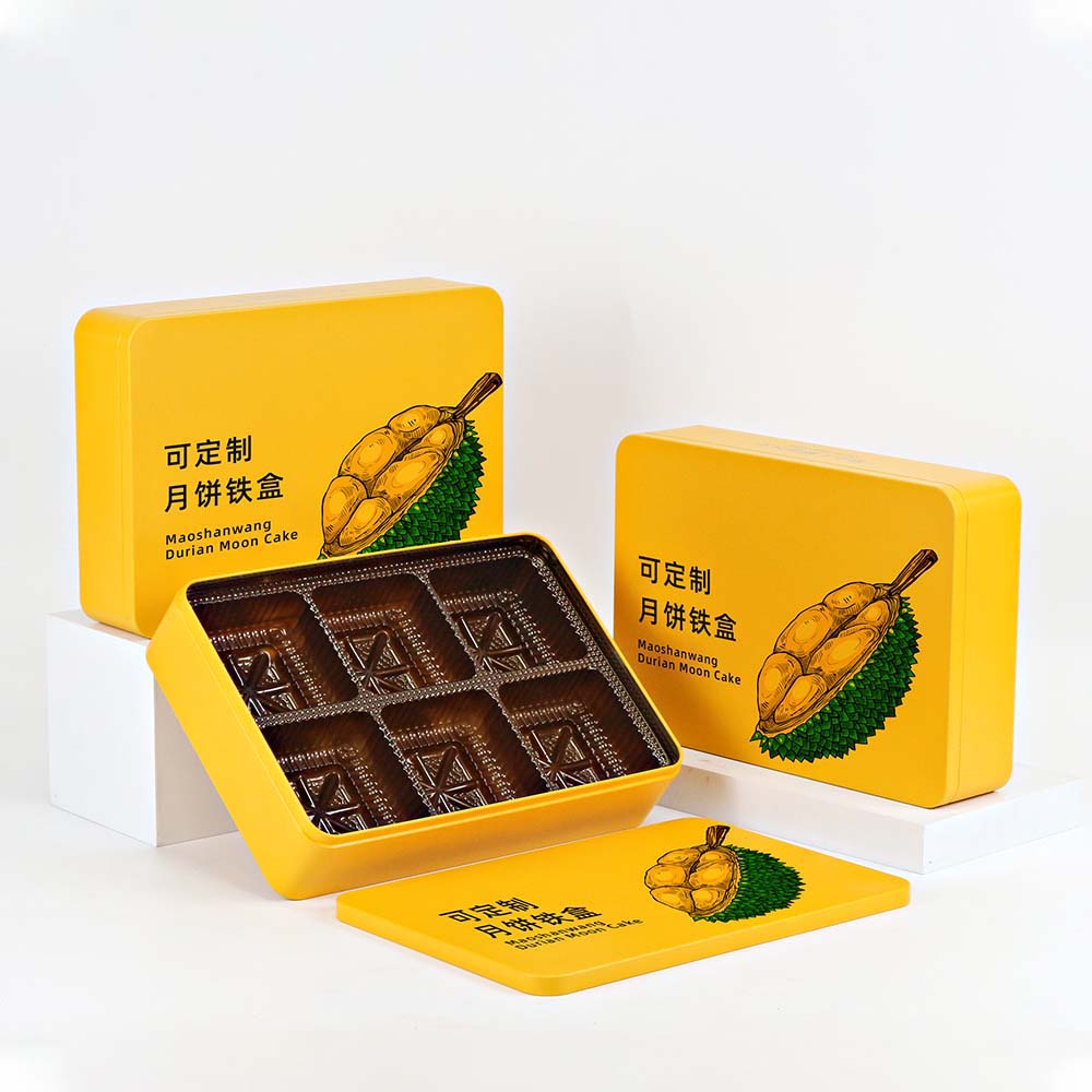 Rectangular 6-piece moon cake tin box with intricate design, perfect for gifting during festive occasions.