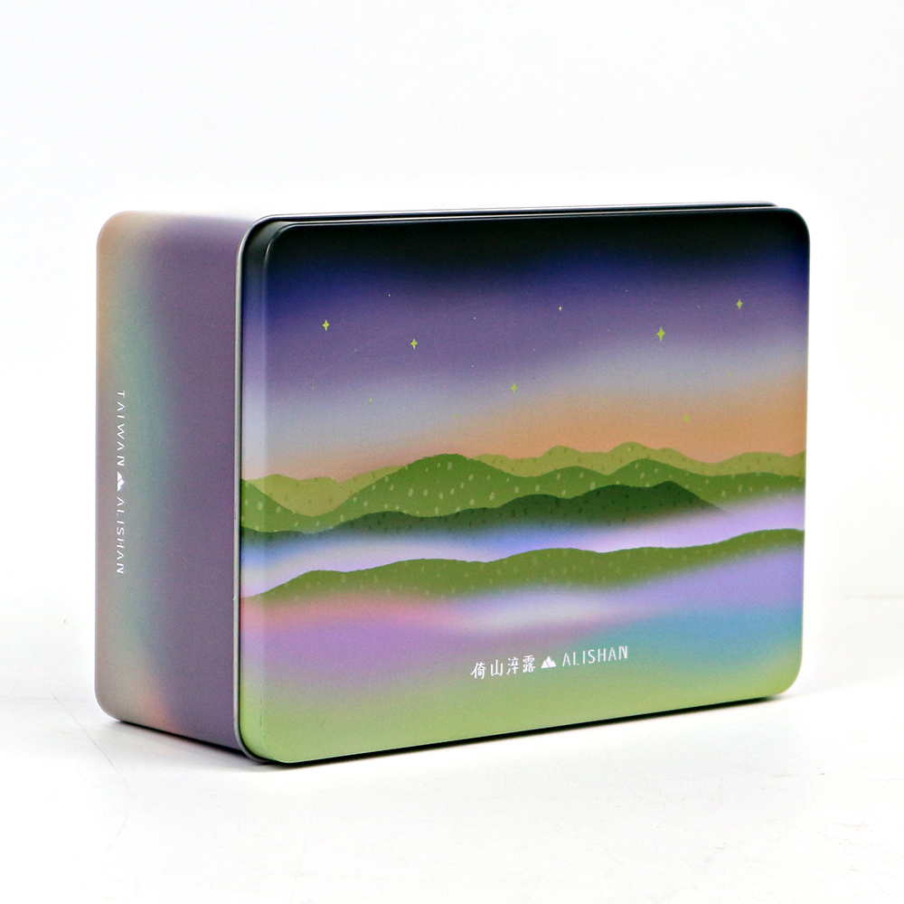 Beautifully custom printed seasonal rectangular tea tin box, designed with vibrant colors and unique patterns for a festive touch.
