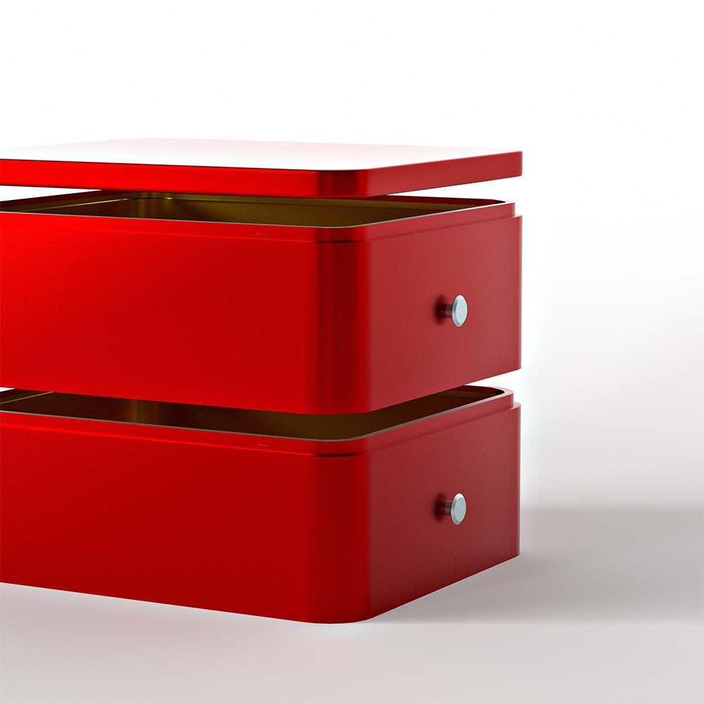 Custom Printed Square Cosmetic Tin Box With Compartments Custom printed square cosmetic tin box featuring two stacked compartments and metal knobs for easy opening.