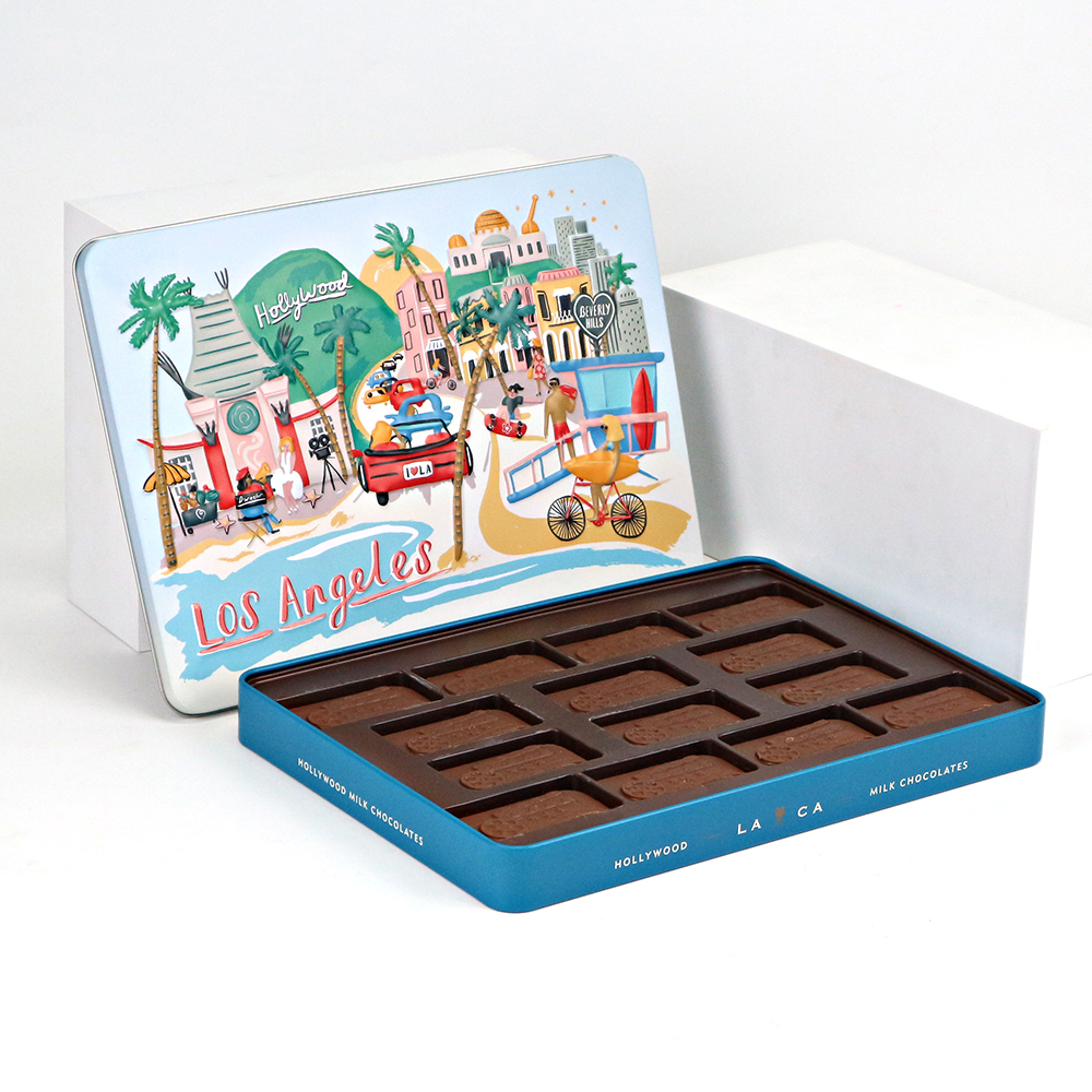 Empty chocolate tin box with secure slip lid