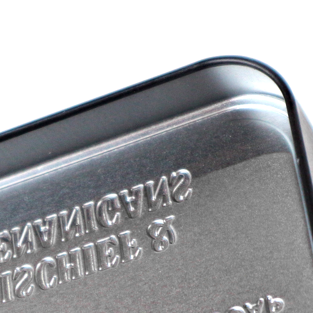 Hinged lid design for secure storage in embossed tin box