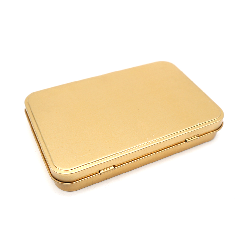 Rectangular cosmetic tin box with customized branding on the surface, perfect for packaging cosmetics.
