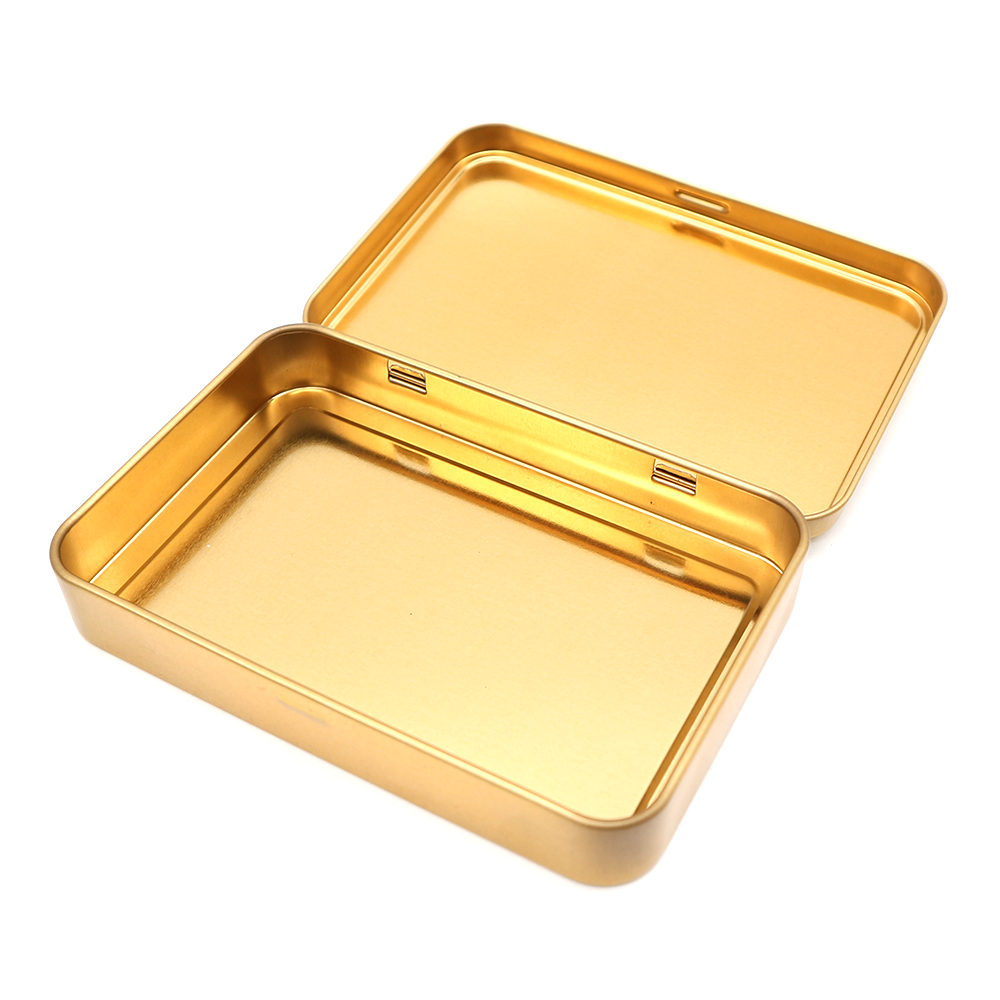 Elegant design of a custom rectangular cosmetic tin box with intricate graphics and branding.