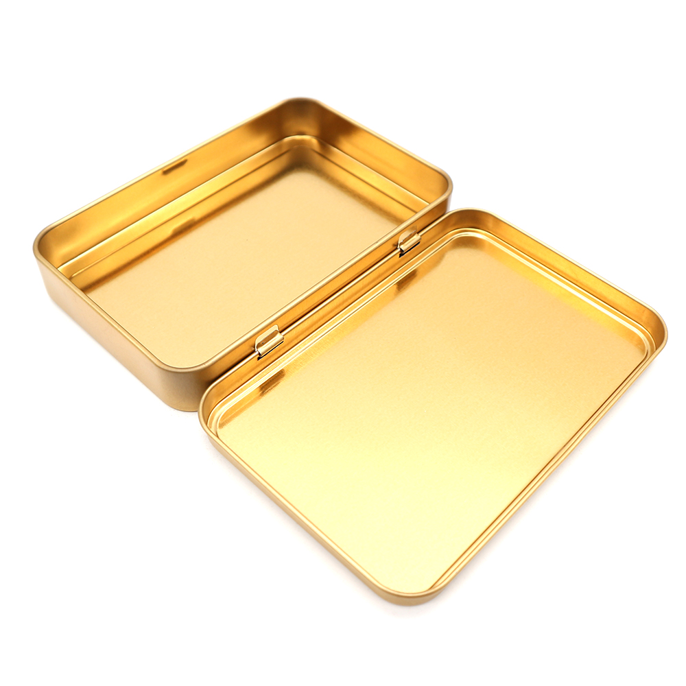 High-quality finish of a custom rectangular cosmetic tin box, showing durability and sleek design.