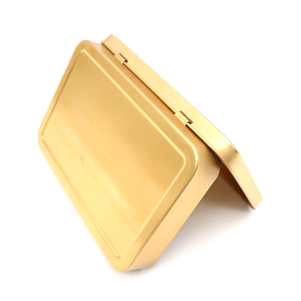 Custom rectangular cosmetic tin box with a hinged lid, ideal for luxury cosmetic packaging.