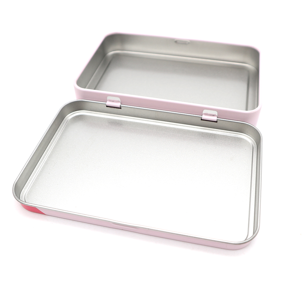 Custom rectangular cosmetic tin box designed for skincare product packaging, with a hinged lid.