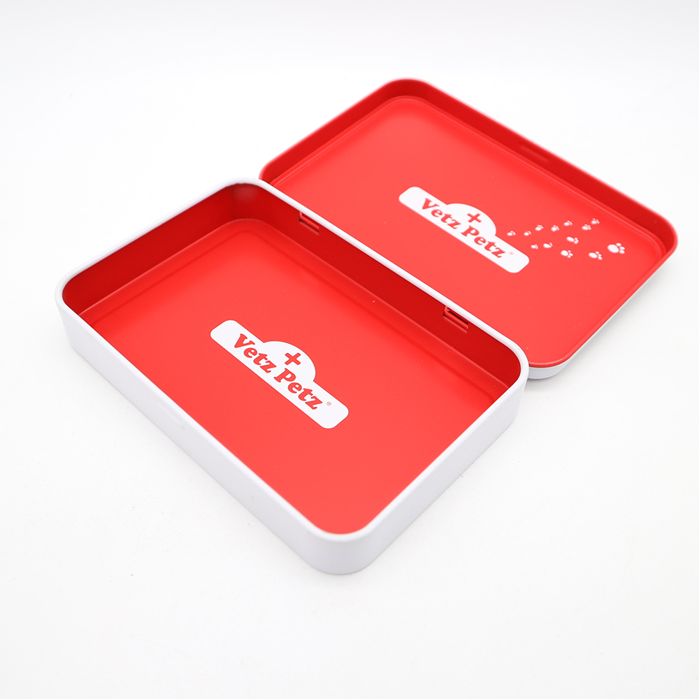 Vibrantly designed custom rectangular cosmetic tin box with a hinged lid, perfect for cosmetics and gifts.