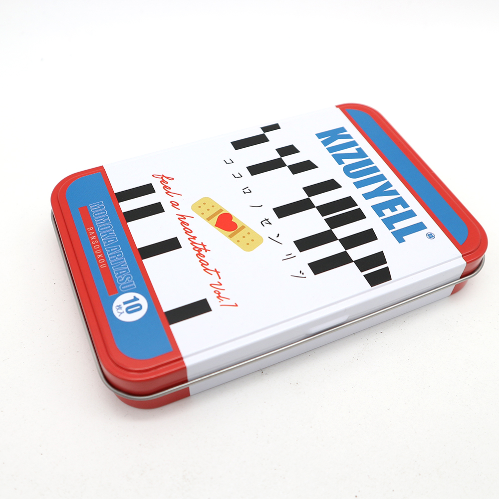 Custom rectangular cosmetic tin box with a hinged lid and personalized logo, ideal for branding.