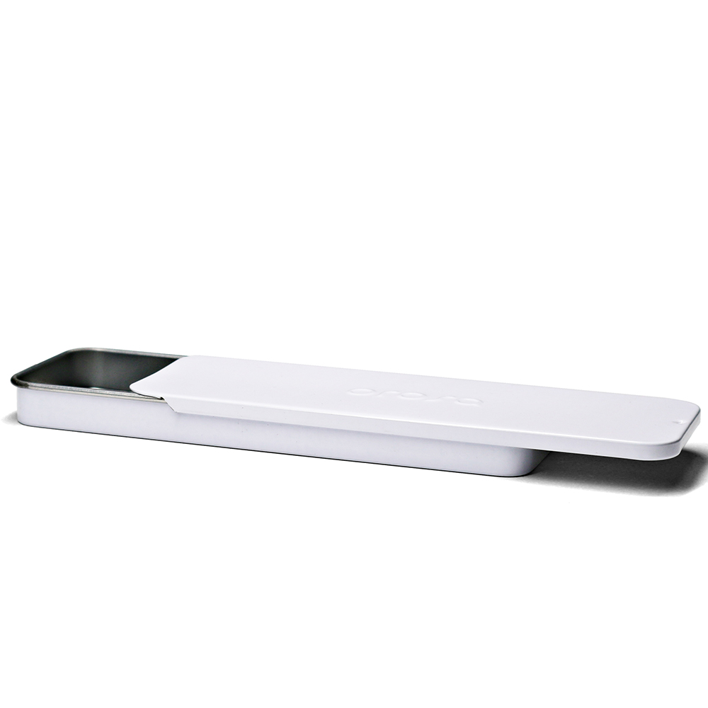 Top view of a rectangular custom lip balm tin box with a smooth sliding lid.