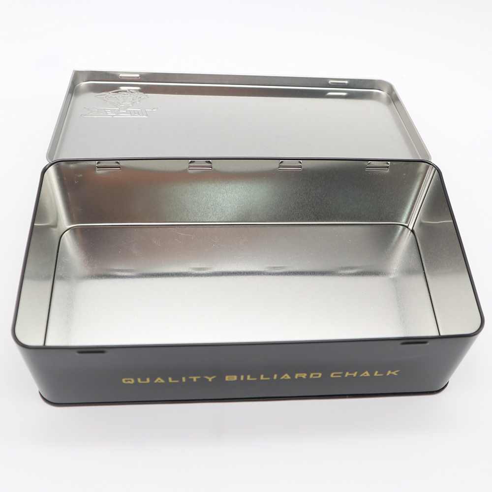  Rectangular gift tin box with custom design for billiard chalk set.