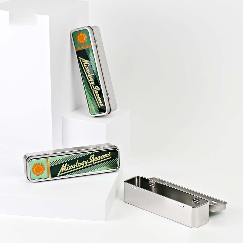 Side view of custom rectangular metal spoon tin box with hinged lid, showcasing its sturdy construction for utensil storage.