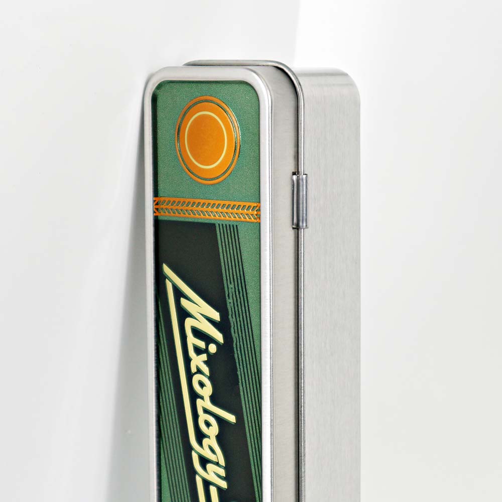 Close-up view of custom rectangular metal spoon tin box with hinged lid, highlighting its high-quality metal construction and design.