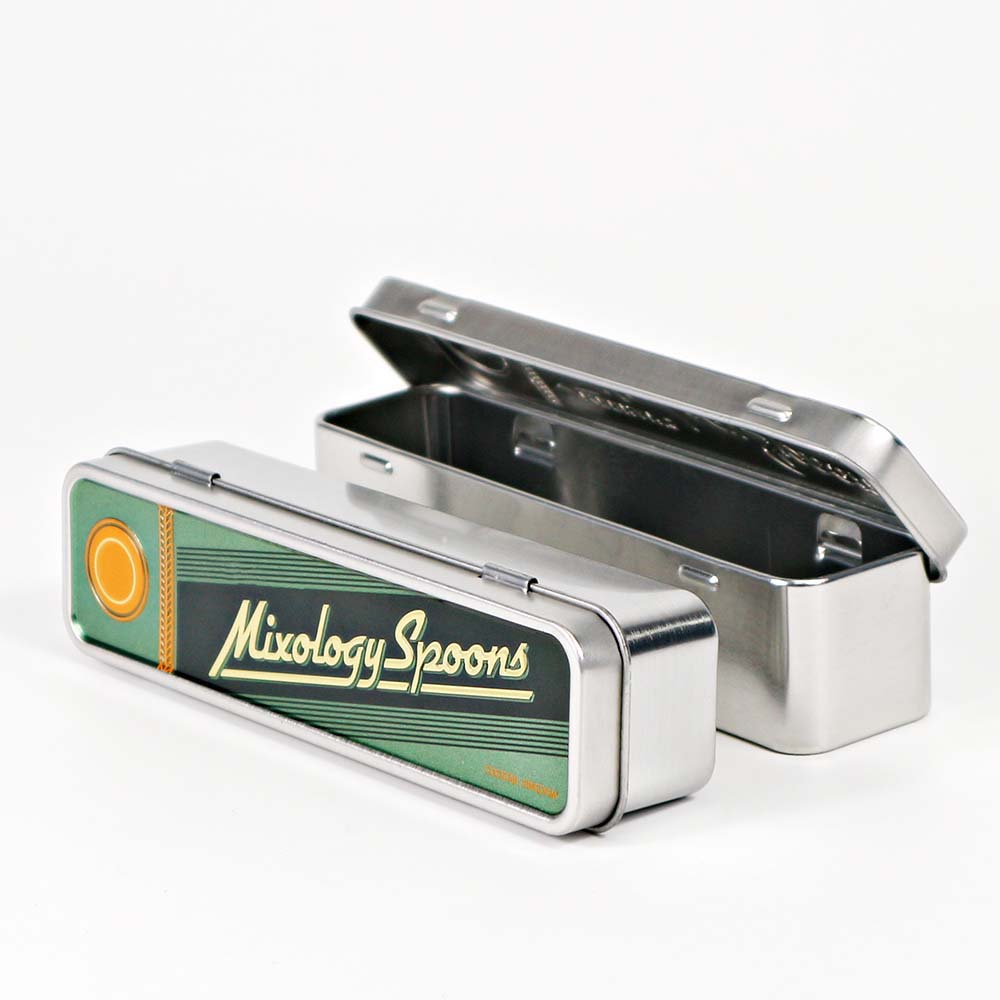 Compact rectangular metal spoon tin box with hinged lid, offering a practical and space-saving solution for storing kitchen utensils.