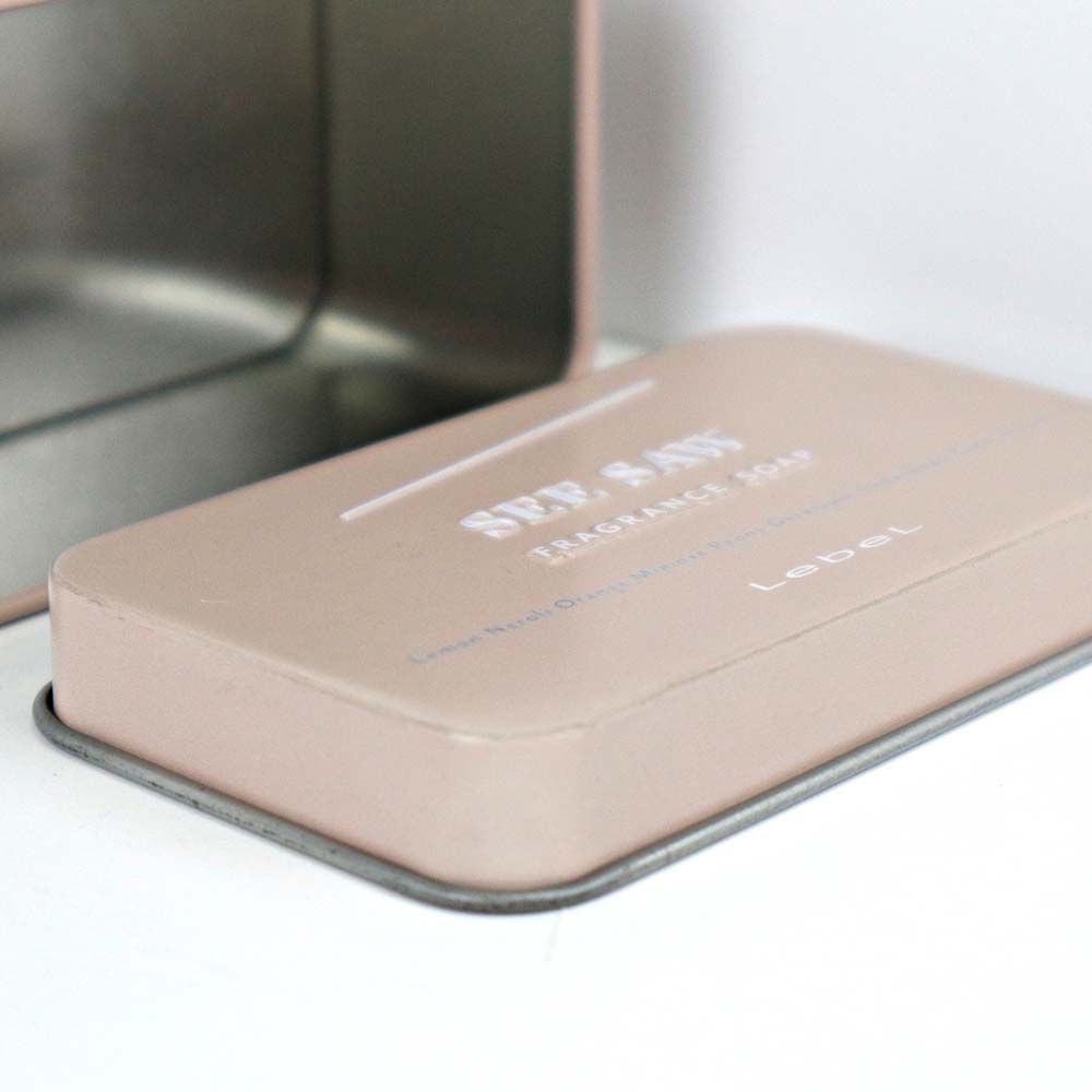 Custom rectangular metal soap tin container, ideal for storing fragranced soaps or luxury items with a durable and elegant design.