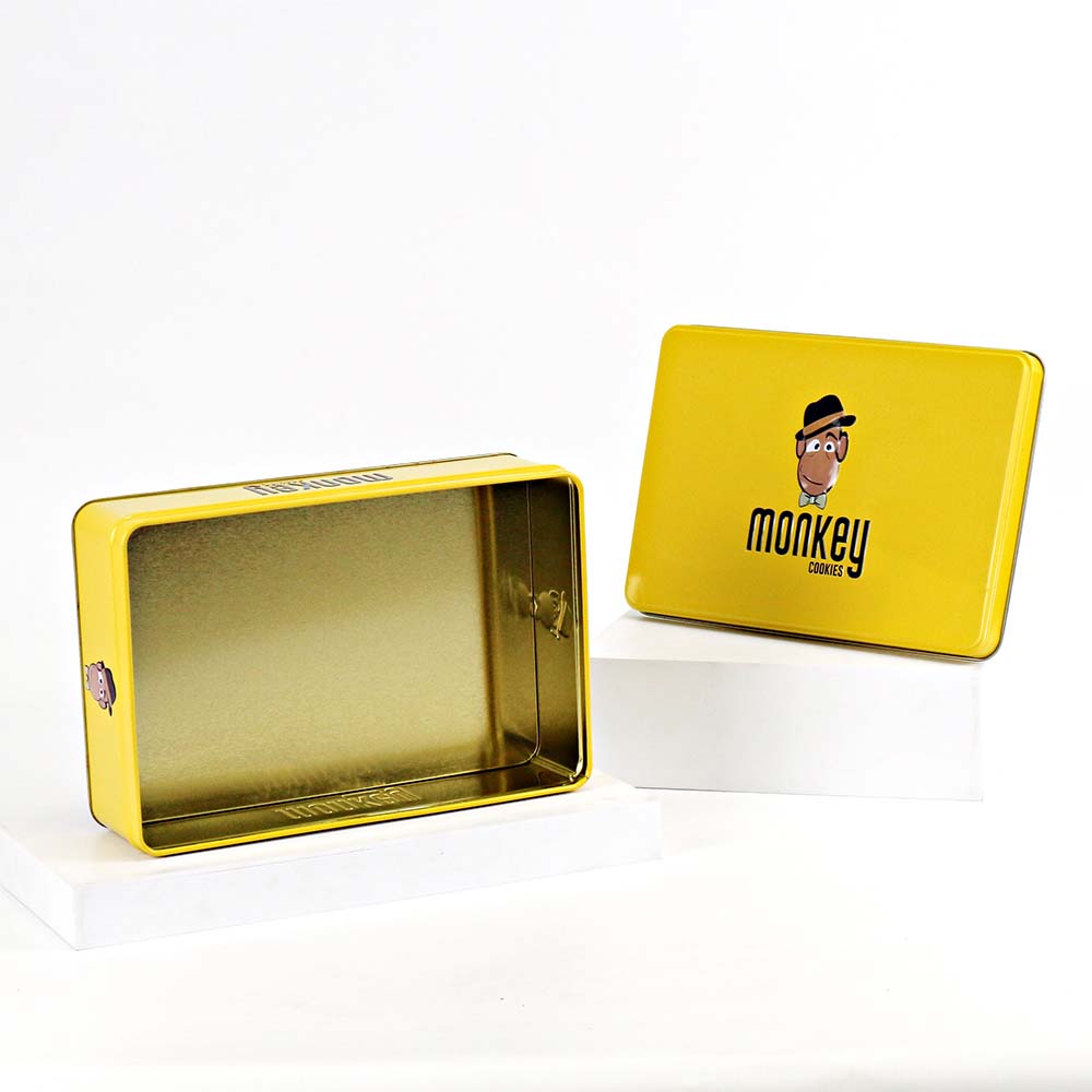 A customizable metal tin box with a slip lid, ideal for storing homemade cookies, snacks, or small items in a decorative way.