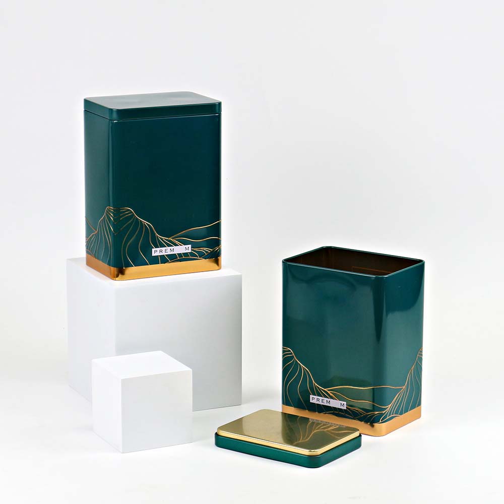 Stylish and personalized rectangular metal tea storage box, perfect for keeping your tea fresh while adding a custom touch.