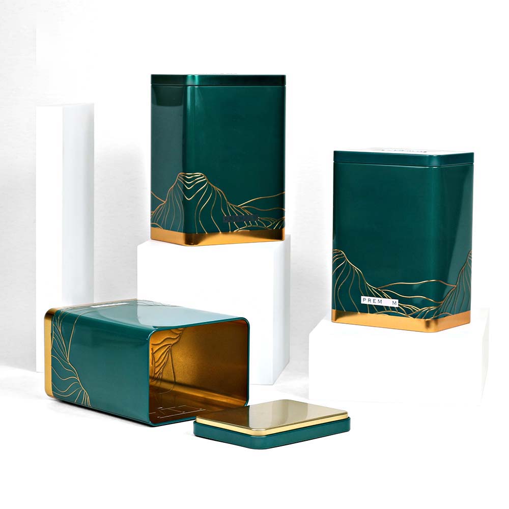 Personalized rectangular metal tea box featuring an elegant custom design, perfect for storing your premium tea collection.