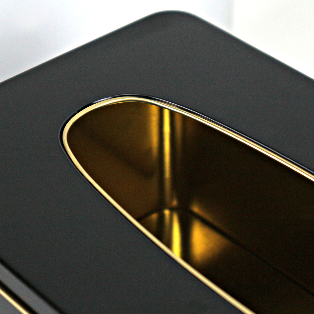 Close-up view of clear window lid on a custom rectangular tissue tin box, designed for easy access and stylish storage.