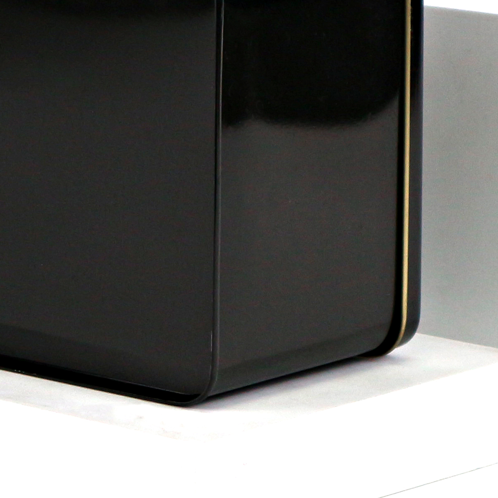 Rectangular tissue tin box with clear window lid and shiny metallic finish, perfect for premium tissue storage solutions.