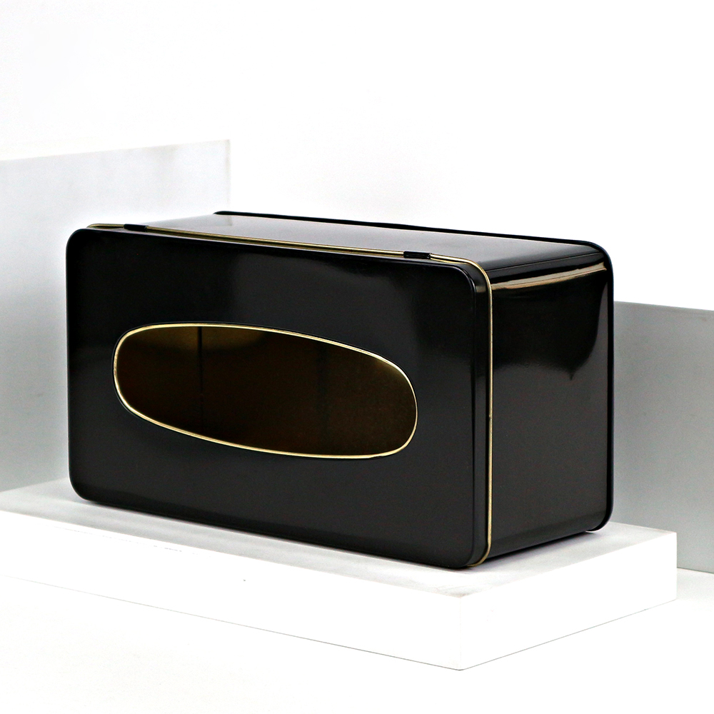 Custom rectangular tissue tin box with clear window lid, featuring decorative pattern for a stylish touch in any room.
