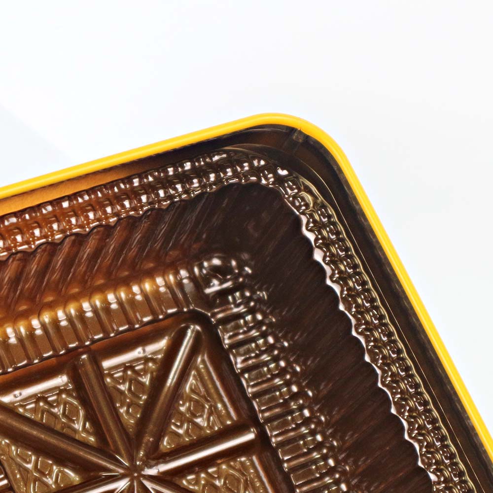 Rectangular moon cake tin box with 6 compartments and custom artwork, offering a beautiful and practical gift packaging.