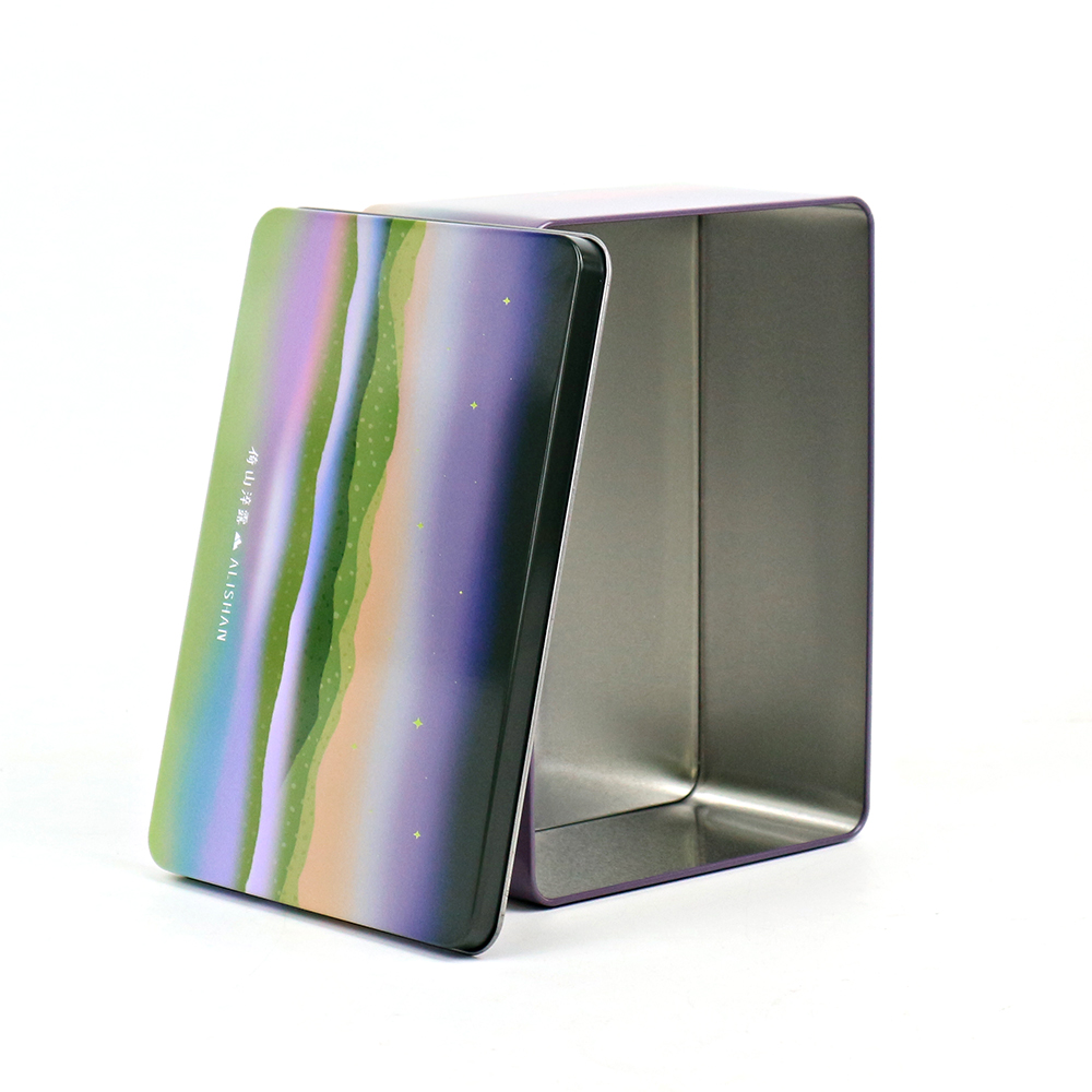 Custom seasonal tea tin box with a rectangular shape, perfect for gifting during festive seasons with personalized prints.