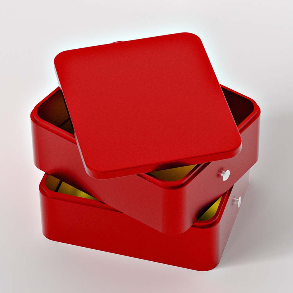Custom square tin box with two stacked compartments and metal knobs for a stylish cosmetic storage solution.