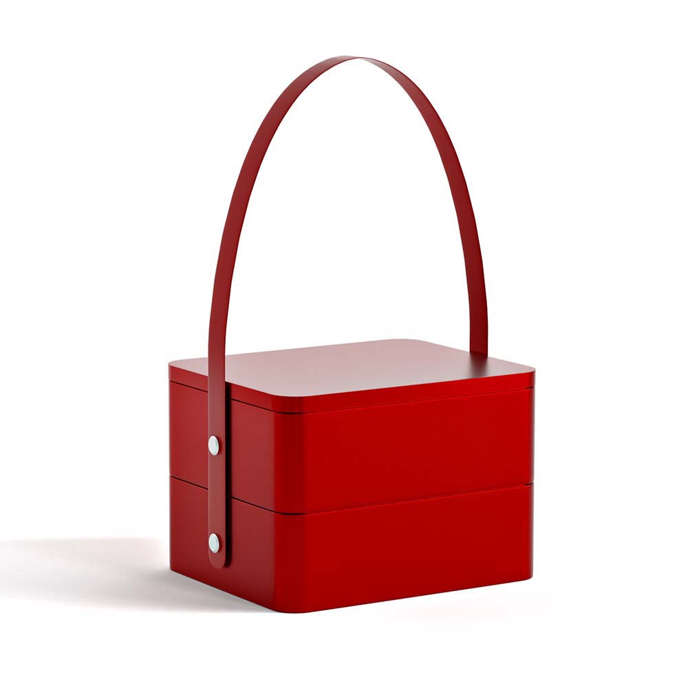 Custom printed cosmetic tin box featuring dual compartments stacked together with functional metal knobs.