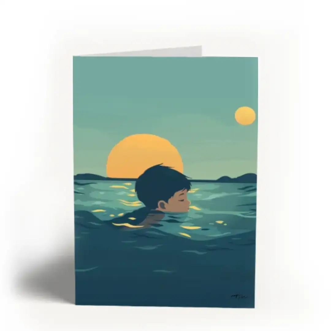 Greeting card child swimming in the sunset