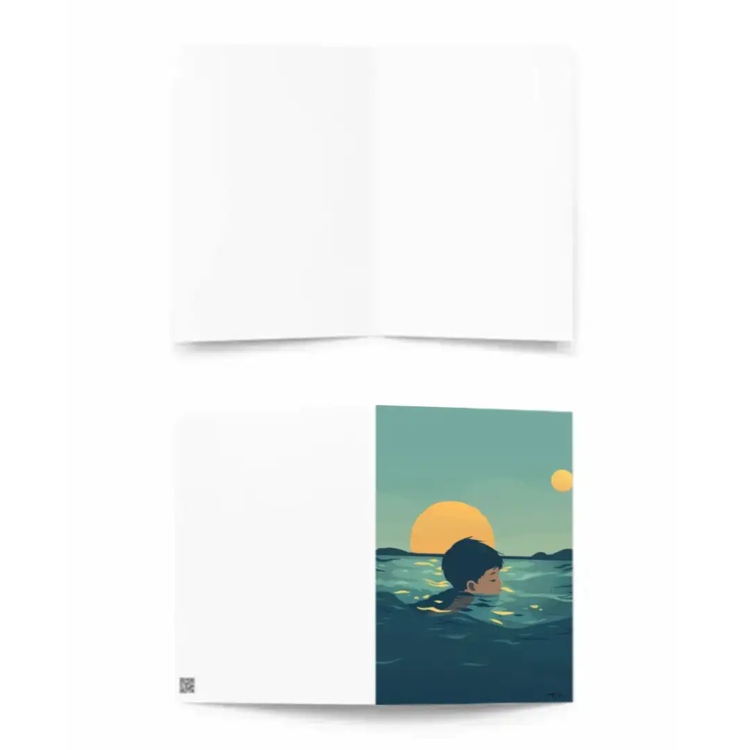 Greeting card child swimming in the sunset