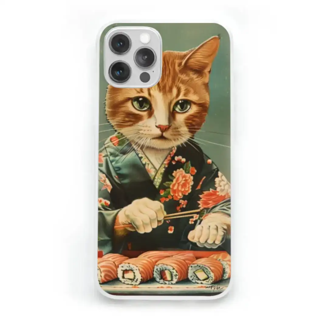 iPhone case kimono cat eating sushi