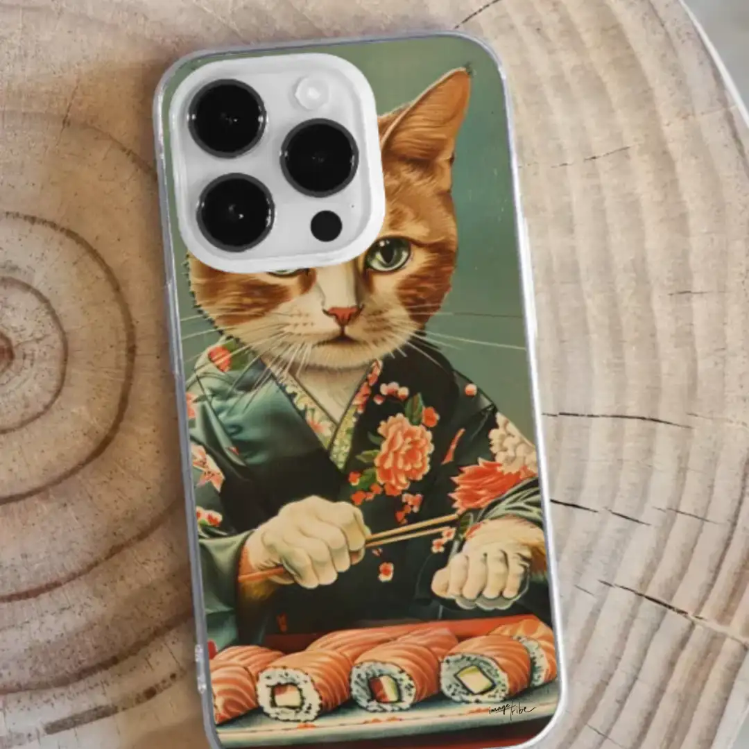iPhone case kimono cat eating sushi