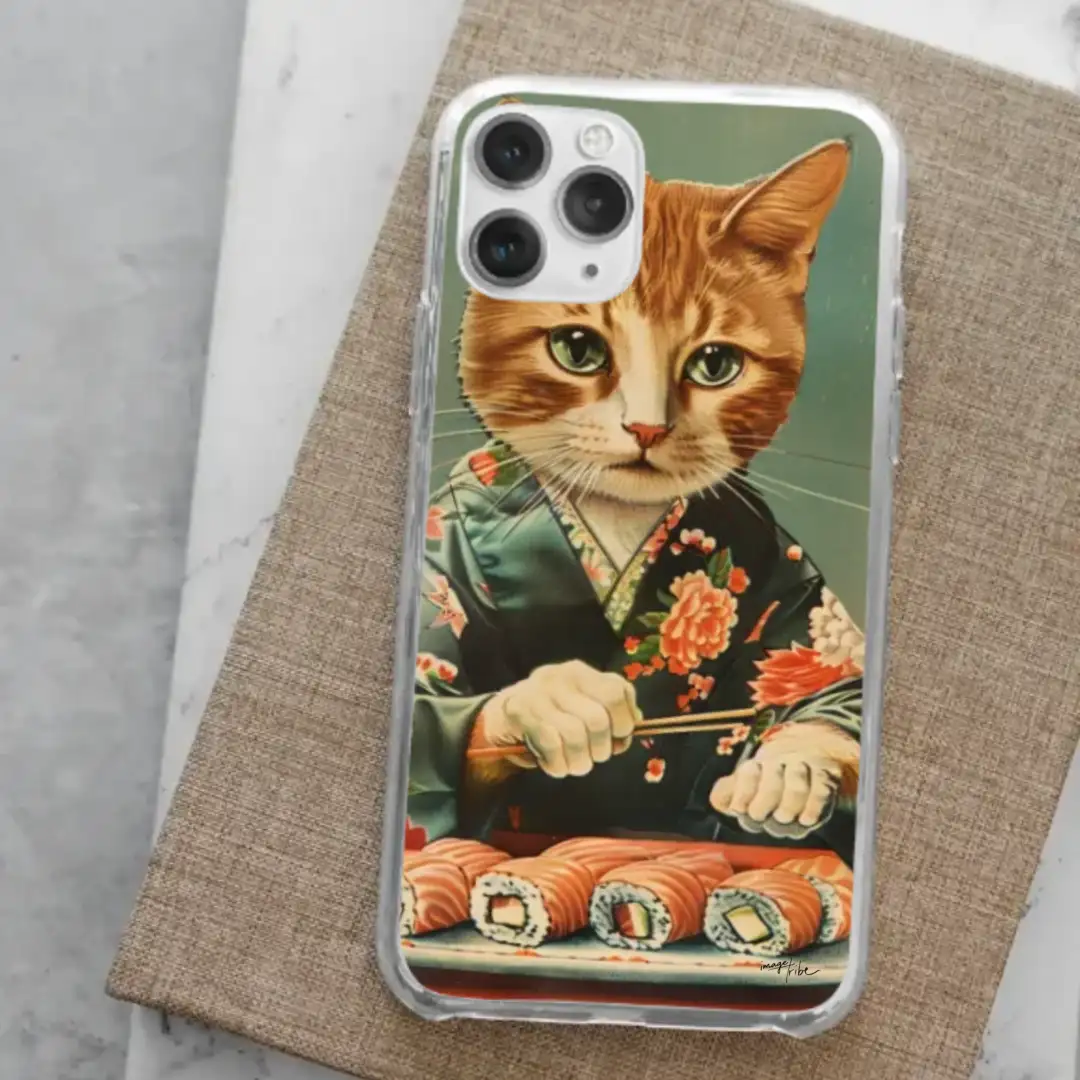 iPhone case kimono cat eating sushi