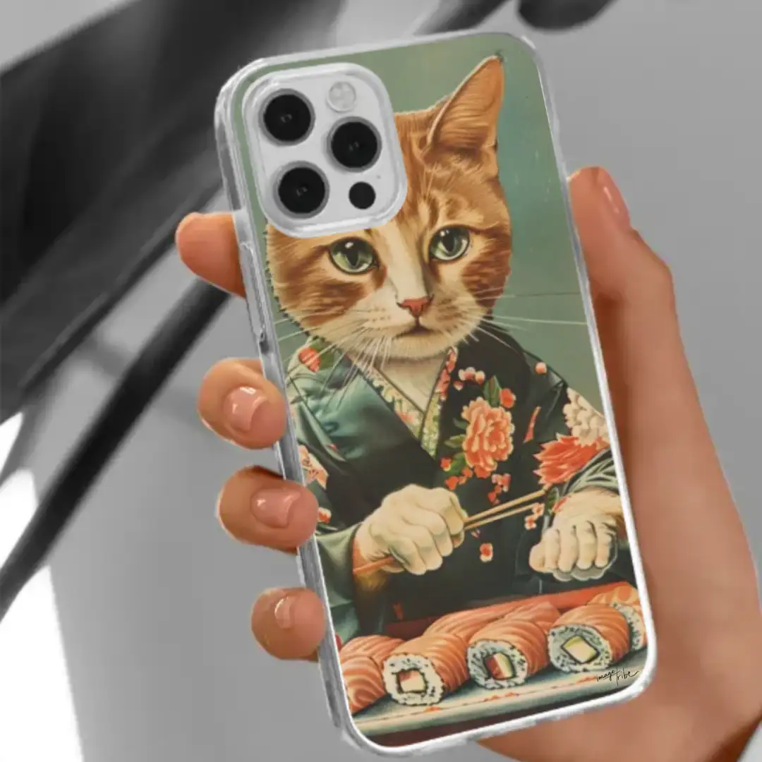 iPhone case kimono cat eating sushi