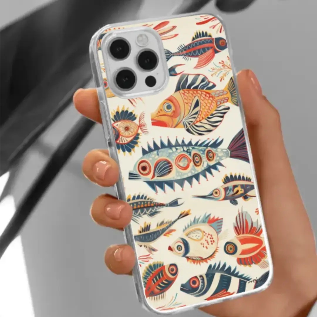 iPhone case fishes in the style of mathurin