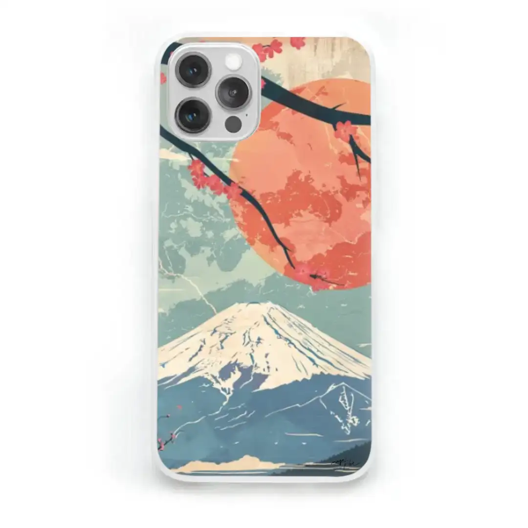iPhone case Mount Fuji sakura bright colors flat design art